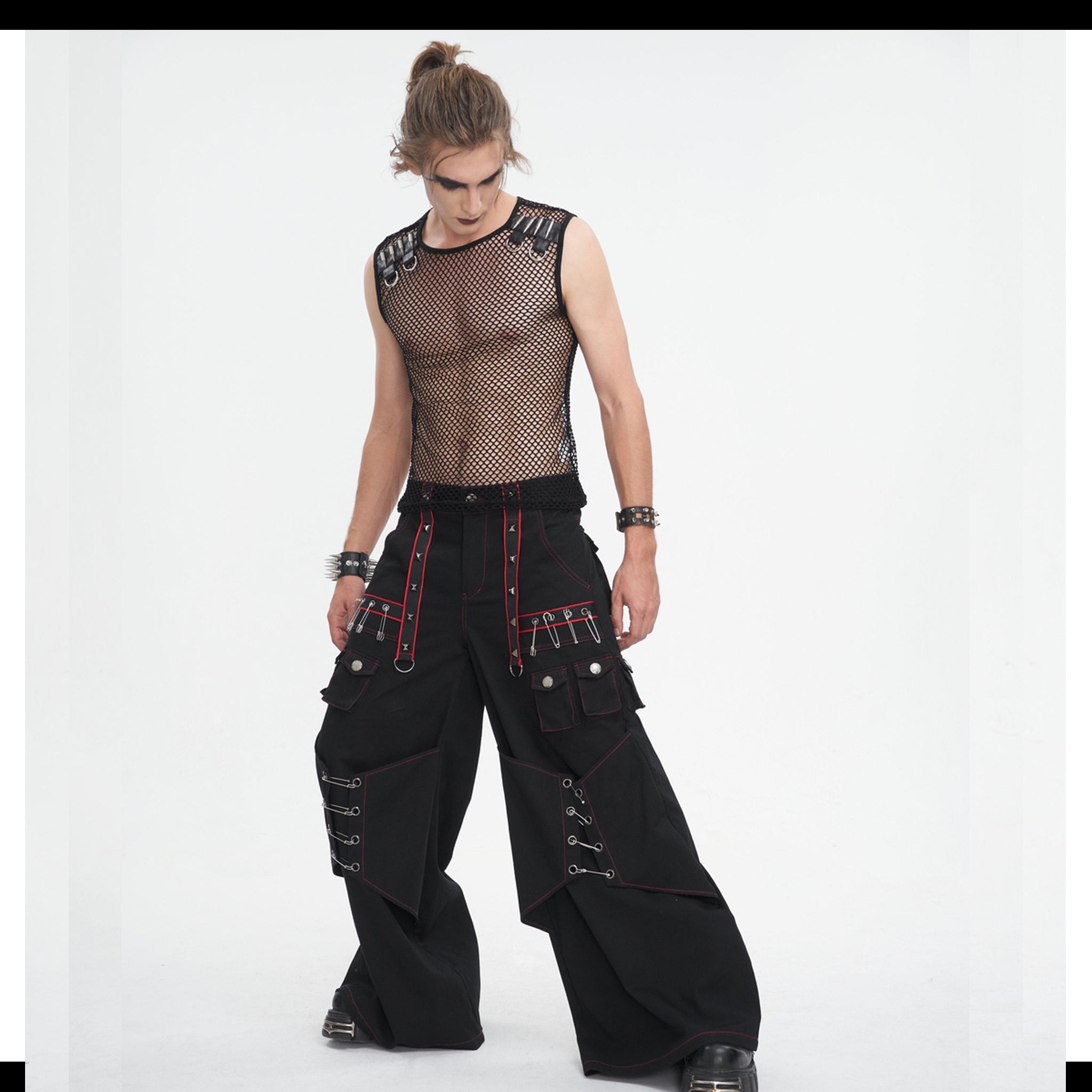 Red Black Wide Leg Pin Pants