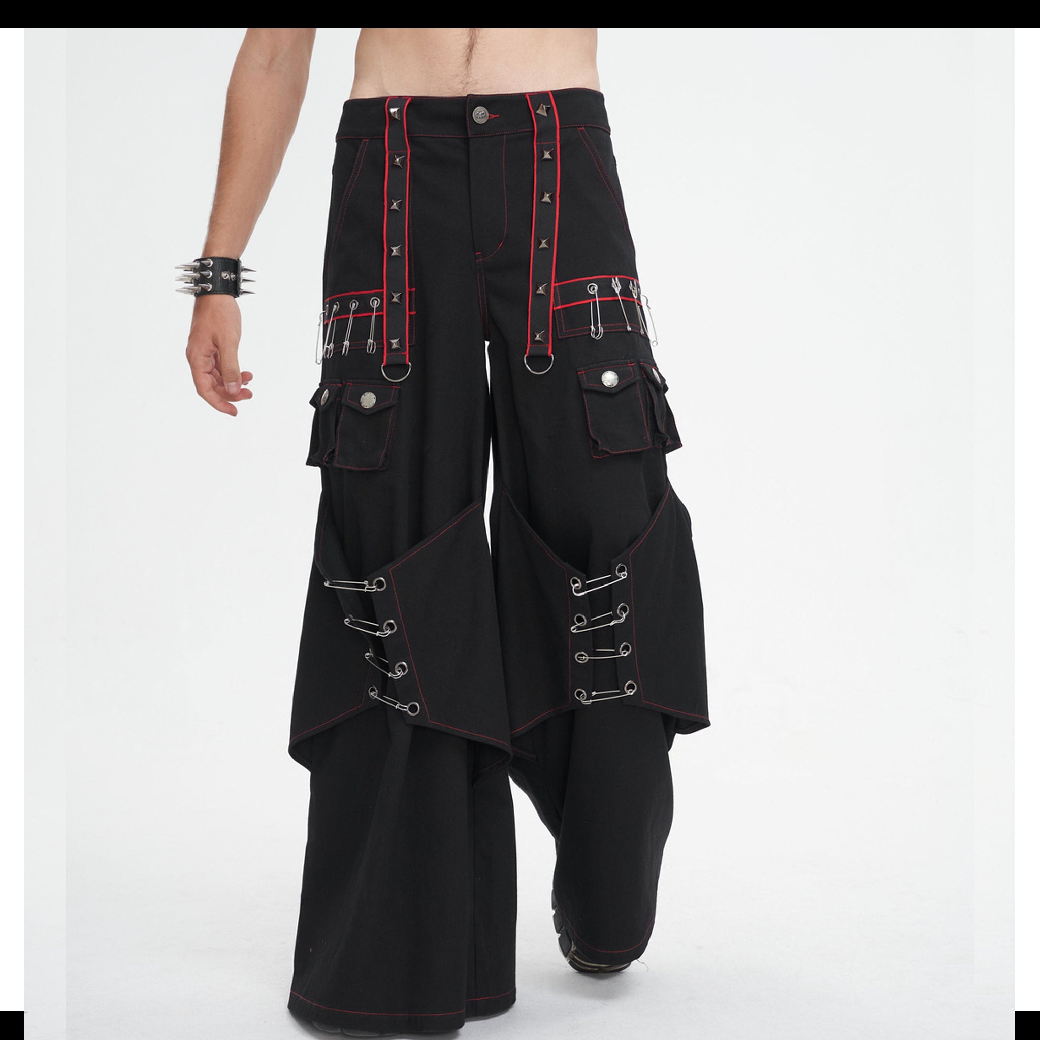 Red Black Wide Leg Pin Pants