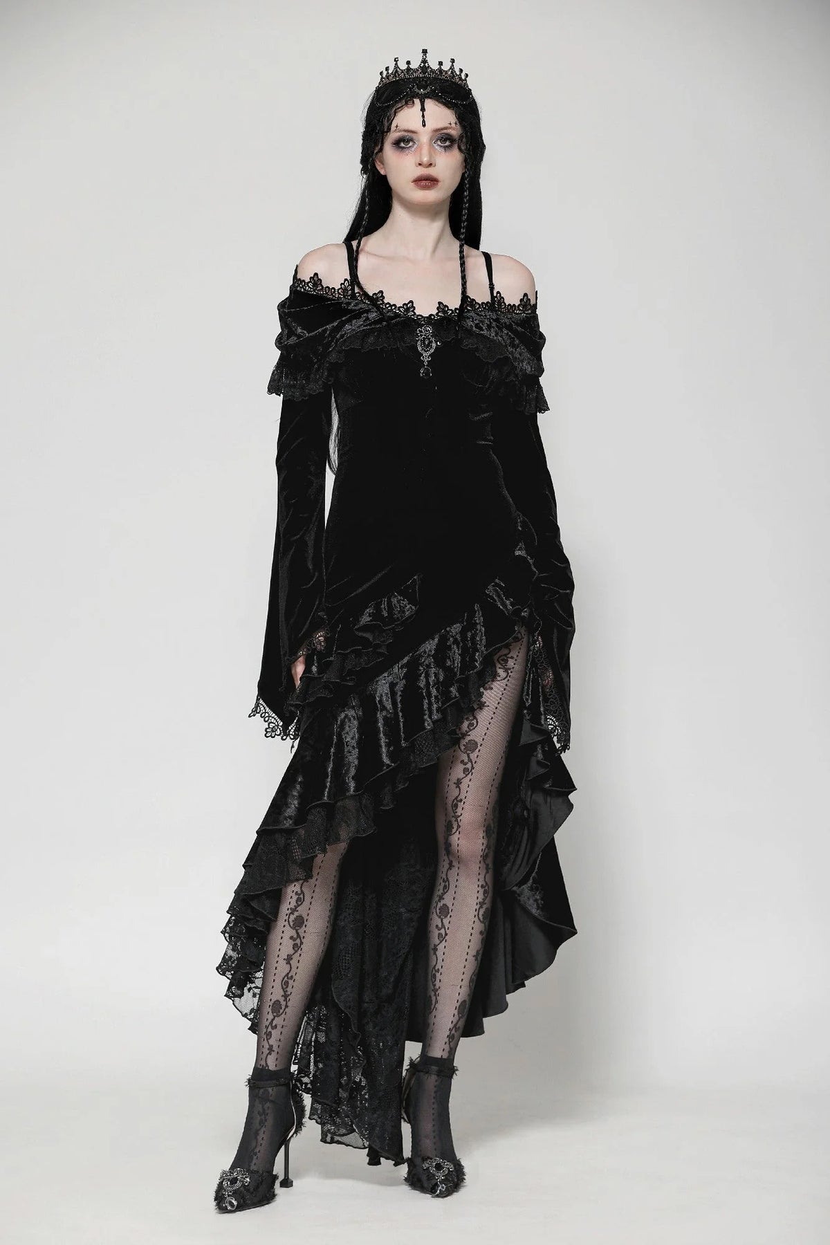 Off Shoulder Ruffle Velvet Dress