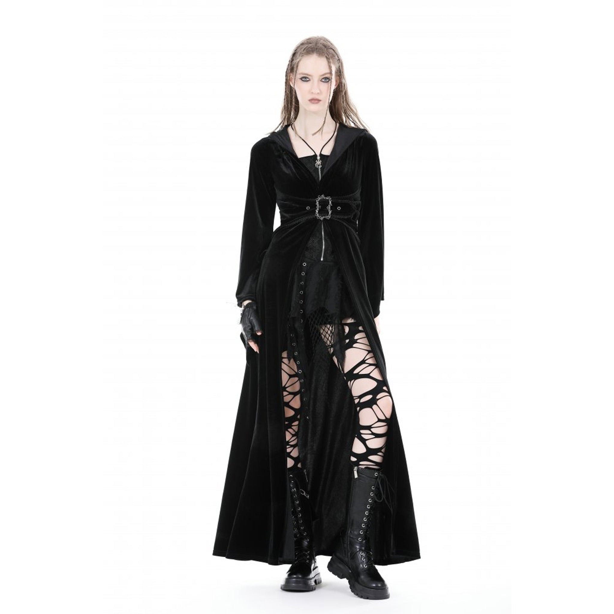 Hooded Velvet Long Coat