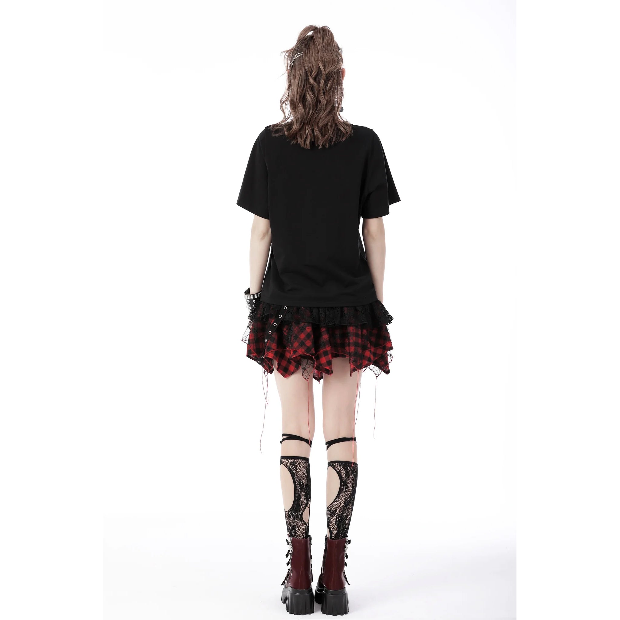 Lace Overlay Plaid Skirt