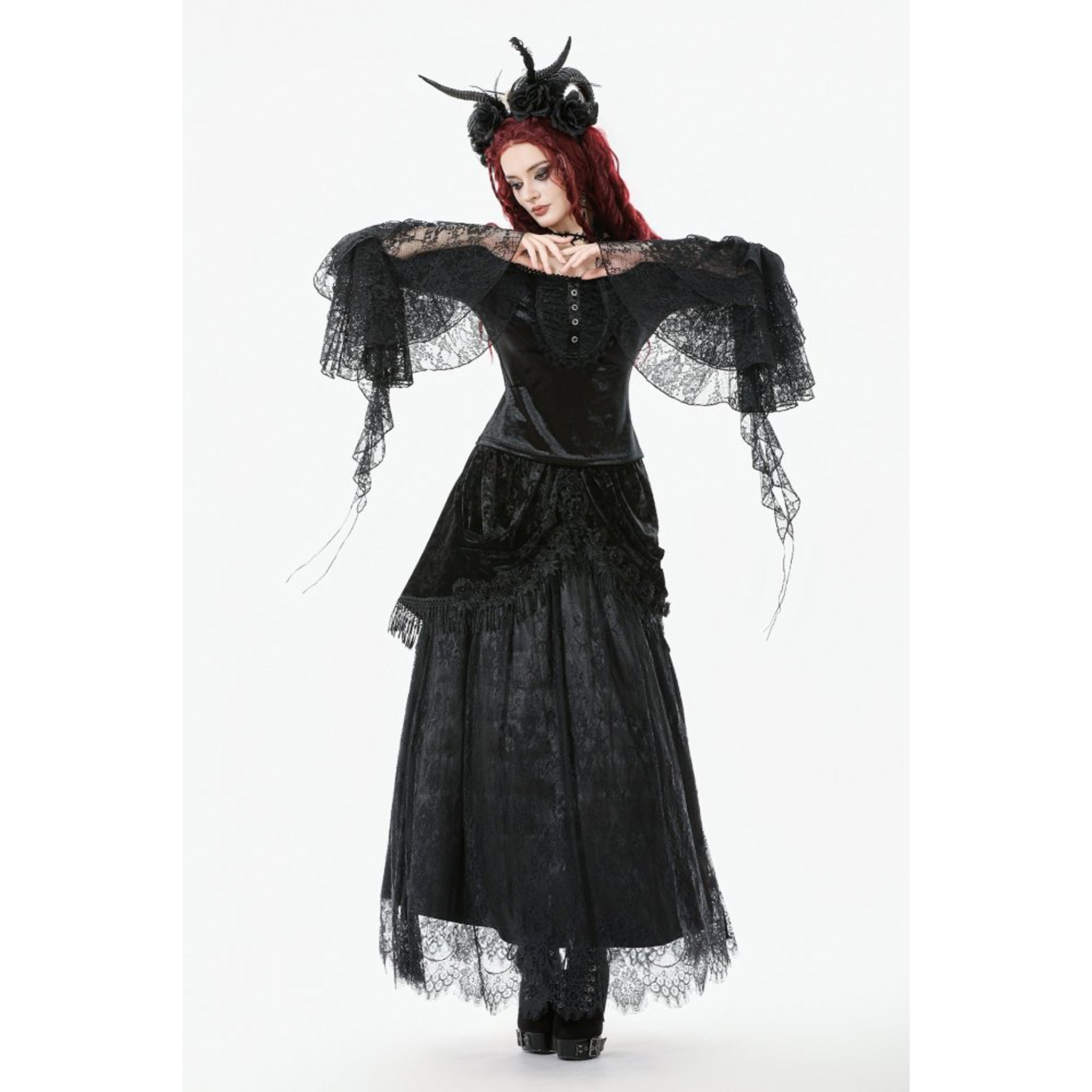 Gothic Floral Tassel Maxi Skirt