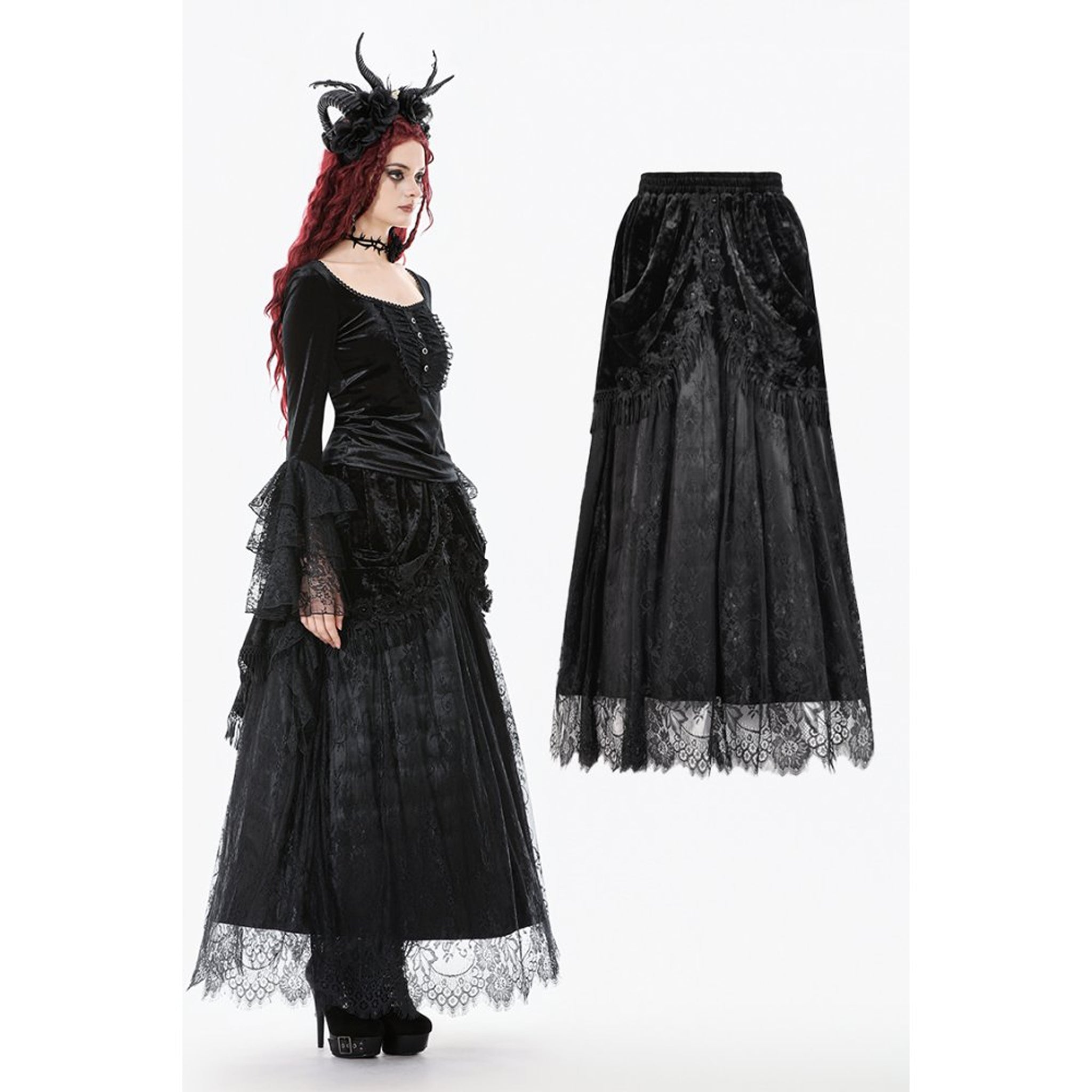 Gothic Floral Tassel Maxi Skirt