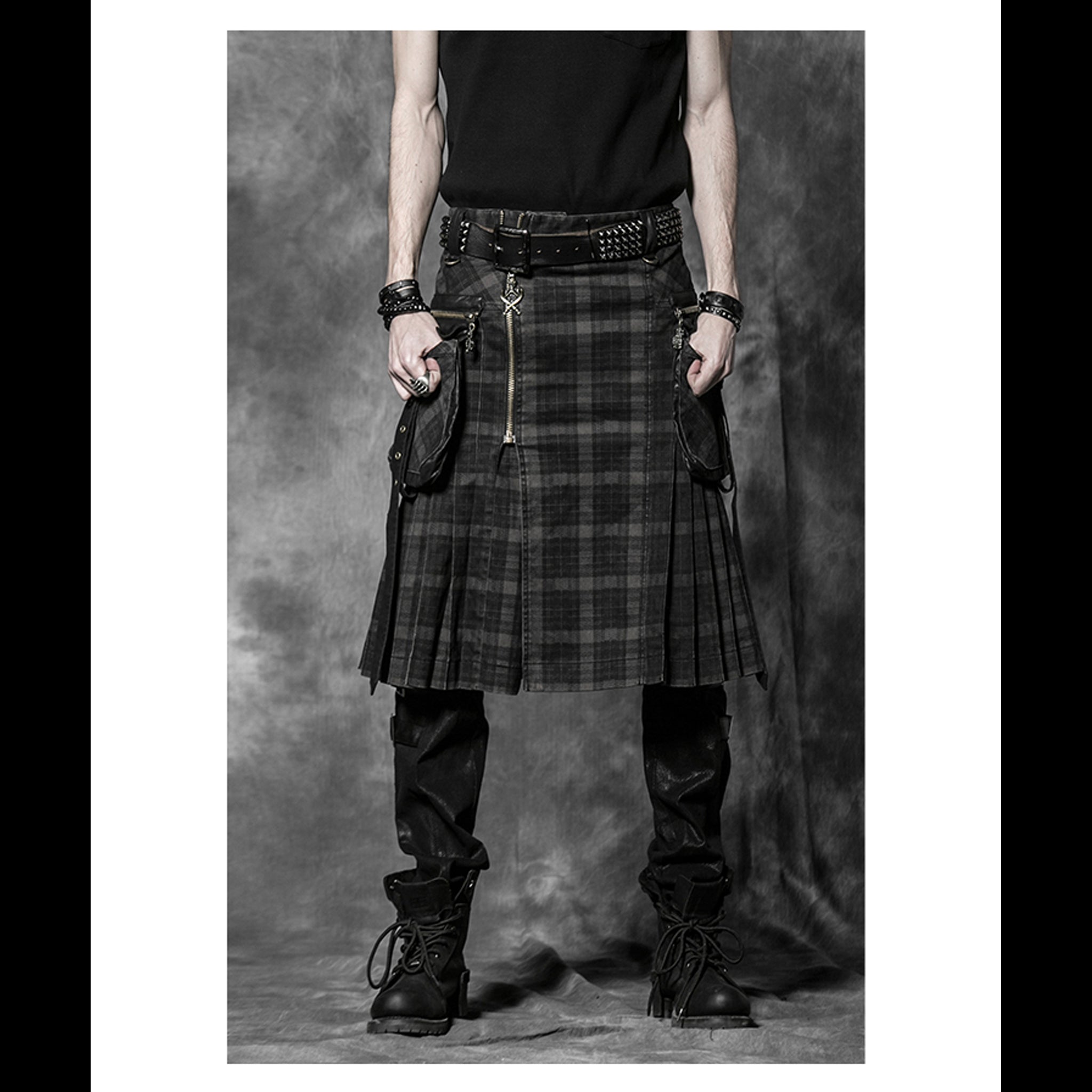 Kilt style double pocket skirt blk/brn