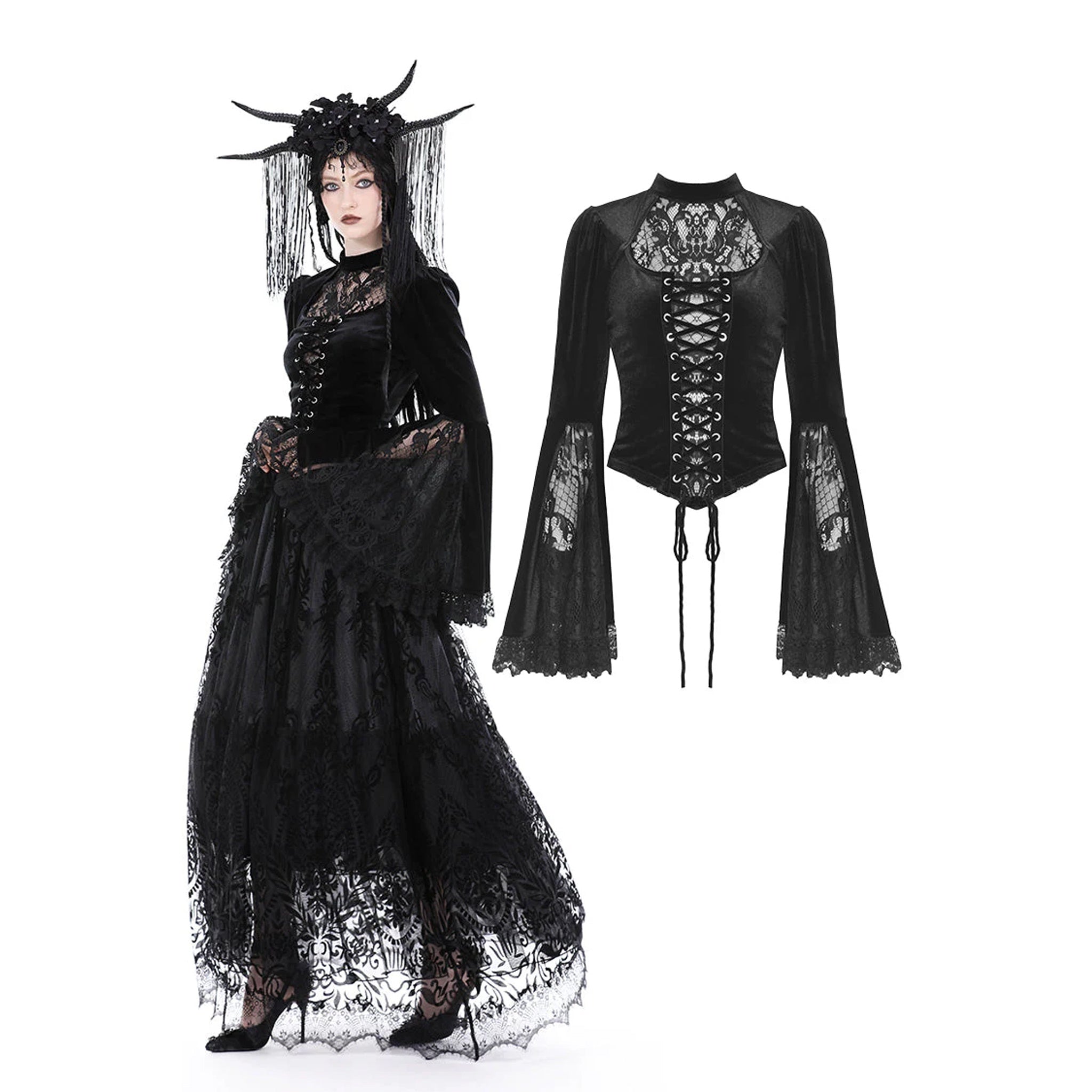 Front Lace Velvet Bell Sleeve Top