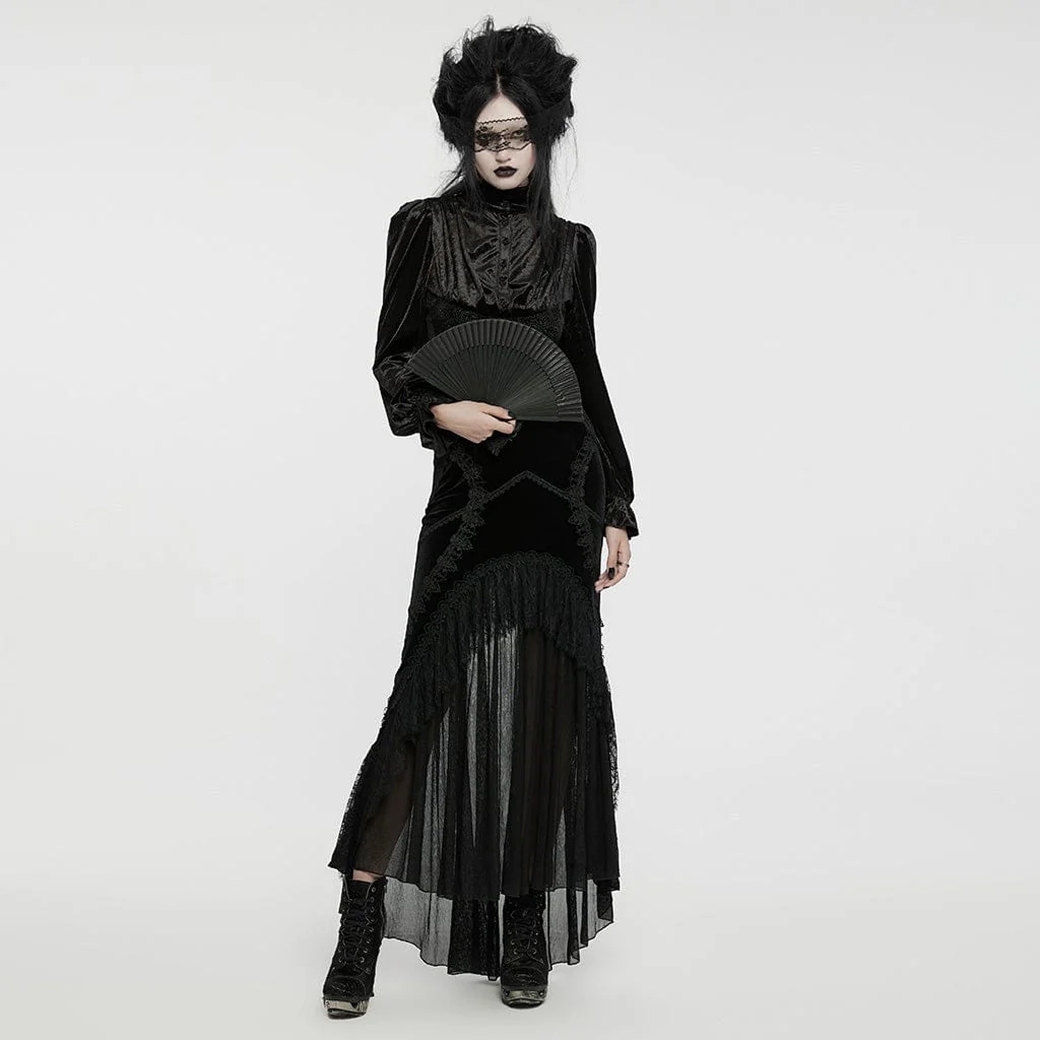 Gothic Ruffle Lace Trim Velvet Skirt