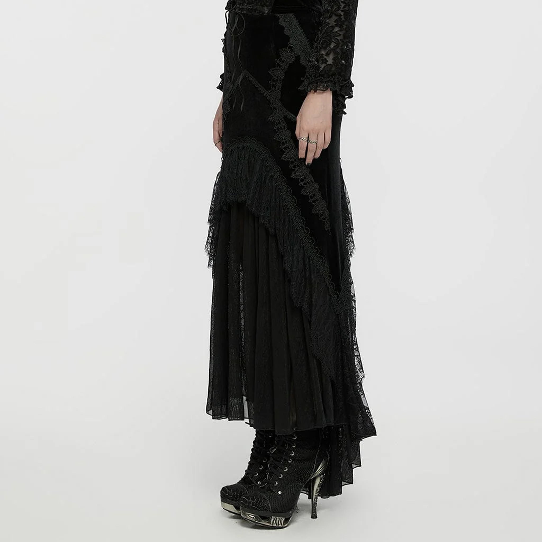 Gothic Ruffle Lace Trim Velvet Skirt