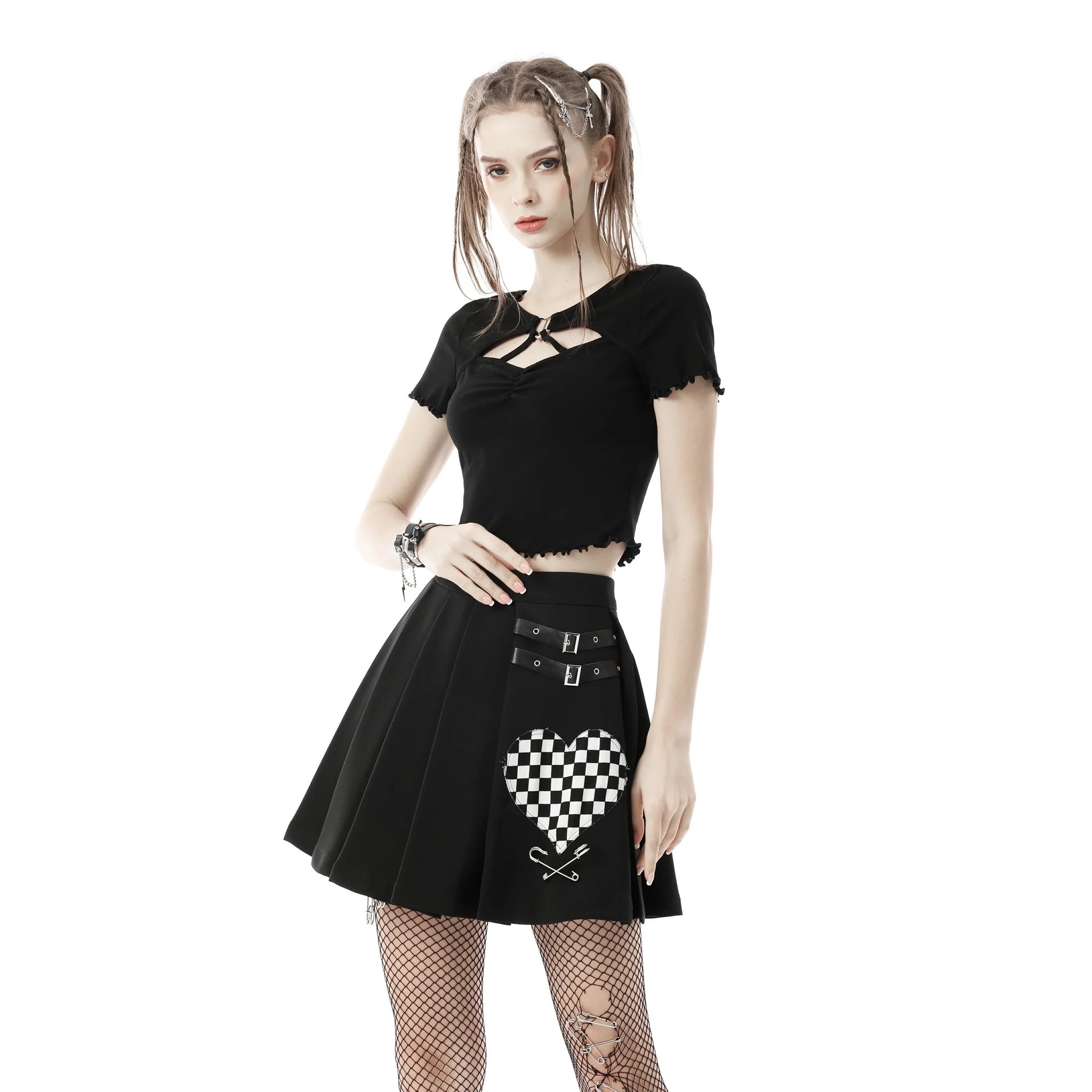 black white heart pleated skirt